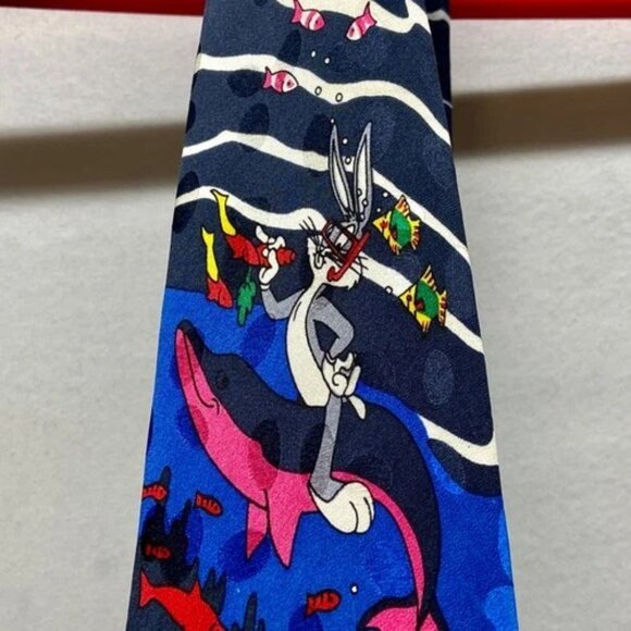 Vintage Looney Tunes Mania Neck Tie Elmer Mermaid Marvin Taz Bugs Silk Korea '93 - Picture 4 of 15